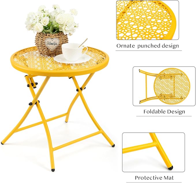 TeoKJ Folding Outdoor Side Table, Small Patio Table with Flower Cutouts | Metal Round Anti Rust Patio Desk, No Assembly Small Nightstand for Yard, Balcony, Lawn, Pool, Lightweight, Yellow