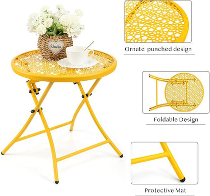 TeoKJ Folding Outdoor Side Table, Small Patio Table with Flower Cutouts | Metal Round Anti Rust Patio Desk, No Assembly Small Nightstand for Yard, Balcony, Lawn, Pool, Lightweight, Yellow