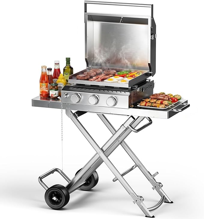 Heavy-Duty 3-Burner Propane Gas Griddle, Portable Griddle with Collapsible Stand, Full Stainless Steel Construction, 24,000 BTU Flat Top Gas Grill Griddle for Camping, Tailgating, Backyard & Patio