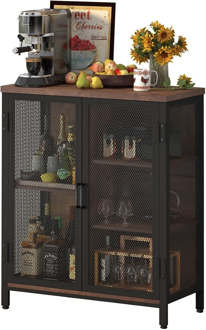 Coffee Bar Cabinet, Small Liquor Cabinet Station, Rustic Oak | Industrail Storage Cabinet, Adjustable Shelves, Farmhouse Sideboard Buffet for Home Kitchen, Dining, Entryway, Living Room