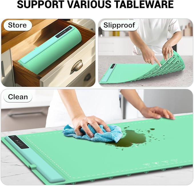 Electric Warming Tray - 3 Modes &Full Surface Heating,Rollable & Portable,Premium Silicone Nano-Material,3 Temperature Settings,Auto Shut-Off -Versatile Food Warmer for Gatherings,Parties (Green)