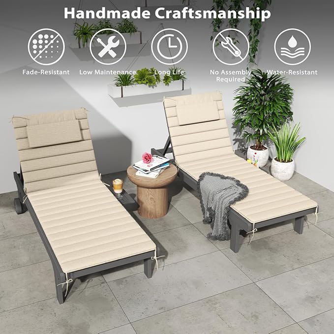 Sundale Outdoor Olefin Quilted Lounge Cushion Set of 4, Patio Foldable Chaise Lounger Cushion, Water-Resistant Lounge Chair Pad with Straps Beige, 80 x 26 inches