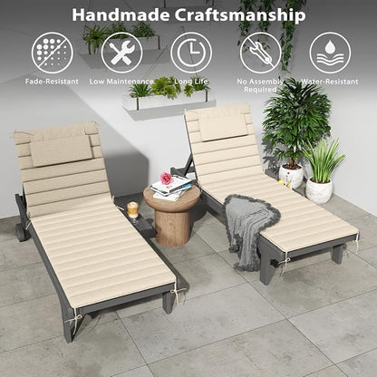 Sundale Outdoor Olefin Quilted Lounge Cushion Set of 4, Patio Foldable Chaise Lounger Cushion, Water-Resistant Lounge Chair Pad with Straps Beige, 80 x 26 inches