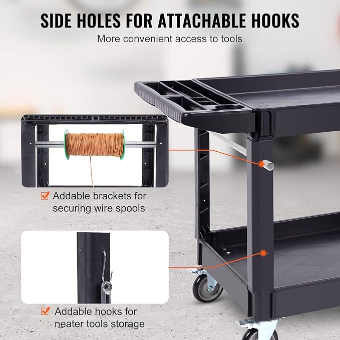 VEVOR Utility Service Cart 2 Shelf 550 lbs Heavy Duty Plastic Rolling Cart | Heavy Duty Utility Cart with 360° Swivel Wheels, Large Lipped Shelf, Ergonomic Storage Handle for Warehouse/Garage/Cleaning