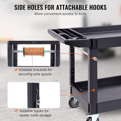 VEVOR Utility Service Cart 2 Shelf 550 lbs Heavy Duty Plastic Rolling Cart | Heavy Duty Utility Cart with 360° Swivel Wheels, Large Lipped Shelf, Ergonomic Storage Handle for Warehouse/Garage/Cleaning