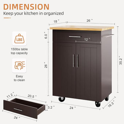Shintenchi Kitchen Island cart with Storage, Portable Bar Cabinet on Wheels, Rolling Microwave Cart Side Table with Workstation for Kitchen, Dinning Room, Brown