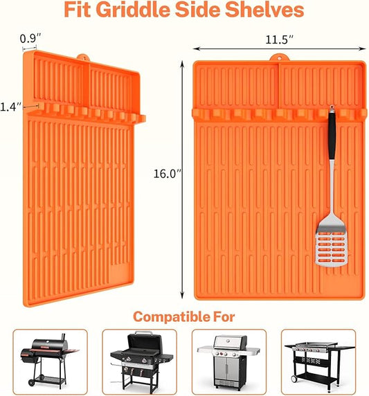 Silicone Grill Mats for Outdoor Grill - Heat Resistant Griddle Mat for BBQ Tools & Griddle Accessories, Easy to Clean Reusable Side Shelf Pad for Cooking, Grilling, Kitchen Counter (Orange)