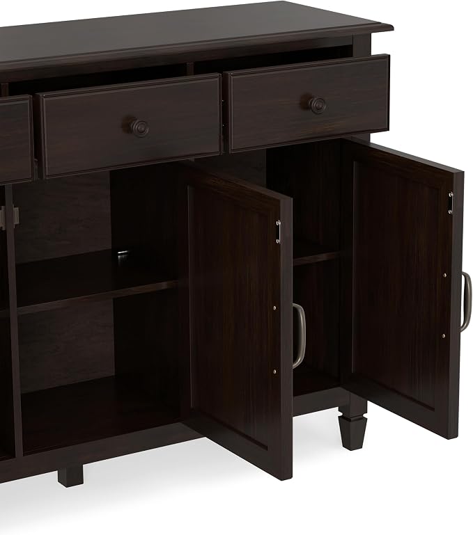 SIMPLIHOME Connaught 51" Solid Wood Cabinet in Chestnut Brown | Traditional space-saving entryway or mudroom cabinet with 3 drawers and adjustable shelves for organized household storage.