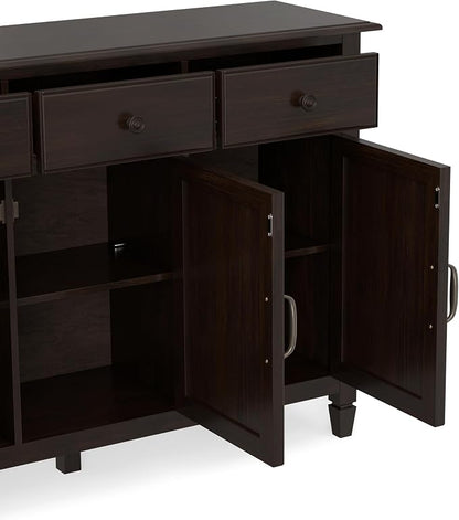 SIMPLIHOME Connaught 51" Solid Wood Cabinet in Chestnut Brown | Traditional space-saving entryway or mudroom cabinet with 3 drawers and adjustable shelves for organized household storage.