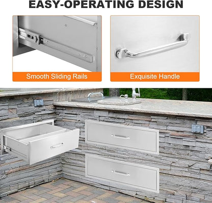 Outdoor Kitchen Single Drawers,30" W x 23" D x 10" H Stainless Steel Built-In Drawer,Flush Mount BBQ Single Drawers with Divider,for Outdoor Kitchen Island or Patio Grill Station