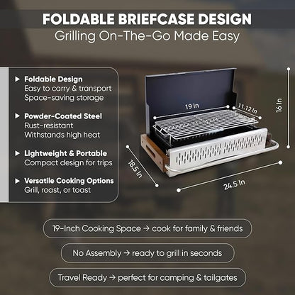 GasOne XL Portable Charcoal Grill – 24.5 x 18.5-inch Foldable Barbecue Grill Briefcase with Lid – Lightweight and Compact Charcoal Smoker for Camping, Garden, Beach, Backyard – No Assembly