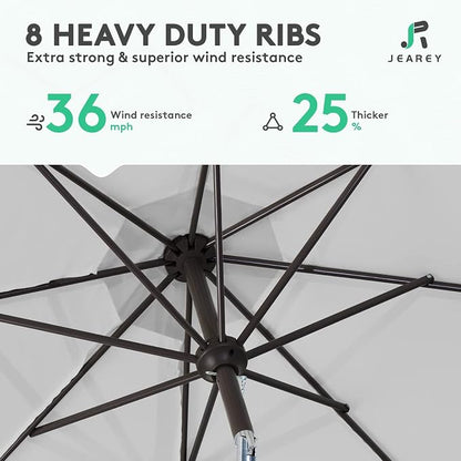 JEAREY 9FT Outdoor Patio Umbrella, Market Umbrella, Light Gray | Outdoor Table Umbrellas with 8 Sturdy， Tilt & Crank UV Protection Waterproof for Garden, Deck, Backyard, Pool