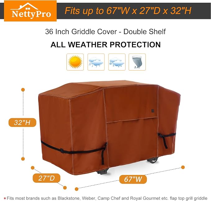 NettyPro Griddle Cover for Blackstone 36 inch Griddle Waterproof Heavy Duty 4 Burner Flat Top Gas Grill Cover 36" Cooking Station, Brown