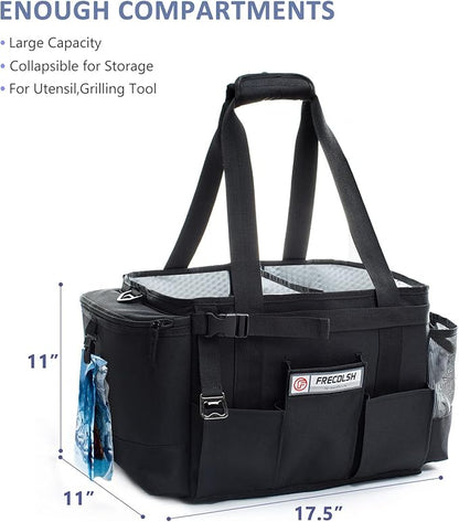 FREECOLSH Black Waterproof Caddy, 16" x 11" x 11", with Detachable Strap and Shoulder Pad for Carrying Utensils and Camping Supplies