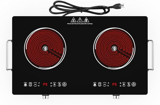 2 Burner Electric Cooktop 110V, 4000W Portable Electric Stove Infrared Hot Plate, 24 inch Countertop Burners with Handle, 3-Hours Timing Setting & Kid Safety Lock, Compatible for All Cookwares
