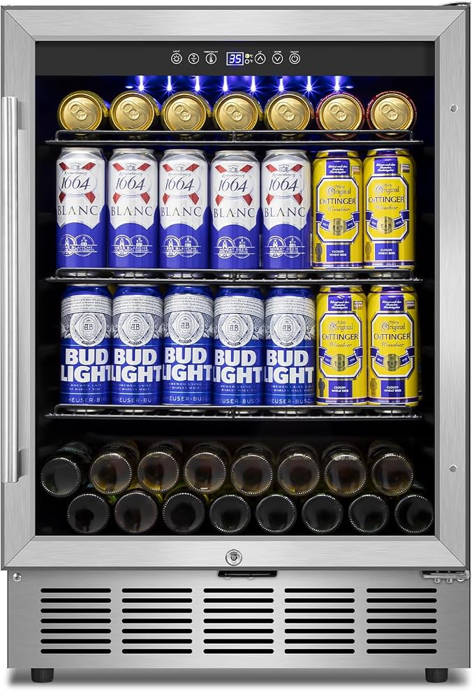 24" 200-Can Beverage Fridge, Under Counter/Freestanding with Glass Door | Temp memory, Reversible door, Quick cool, Beer soda wine, Adjustable shelves, Energy efficient, Digital display, Home bar