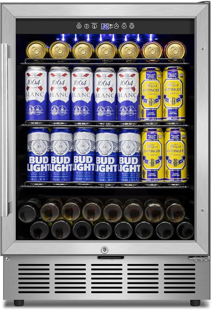 24" 200-Can Beverage Fridge, Under Counter/Freestanding with Glass Door | Temp memory, Reversible door, Quick cool, Beer soda wine, Adjustable shelves, Energy efficient, Digital display, Home bar