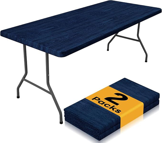 Smiry 2 Pack Rectangle Table Cloth 4 Foot, Waterproof Elastic Fitted Tablecloths, Windproof Washable Polyester Table Cover for Picnic, Camping, Outdoor (Navy & Black, 30"x48")