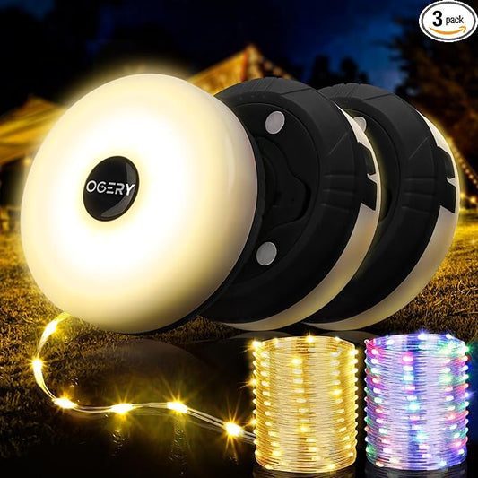 OGERY 3-Pack Camping String Lights, 4 in 1 Quick Storage 32.8FT Rechargeable Tent Lights String with 8 Lighting Modes, Hanging Waterproof Portable LED Lamp for Outdoor Patio Awning Party Essentials
