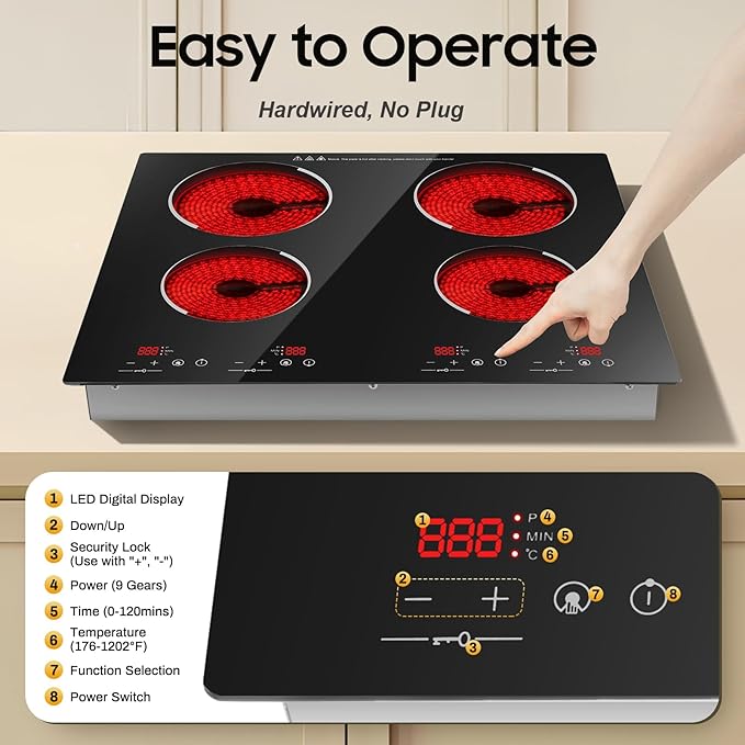 4 Burner Electric Cooktop 110v, 23 Inch Portable Stove Cooktop with LED Display, Child Safety Lock and Timer, 3000W 9 Power Level Electric Ceramic Built-in Stove Top, Hard Wire (No Plug)