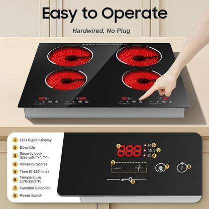 4 Burner Electric Cooktop 110v, 23 Inch Portable Stove Cooktop with LED Display, Child Safety Lock and Timer, 3000W 9 Power Level Electric Ceramic Built-in Stove Top, Hard Wire (No Plug)