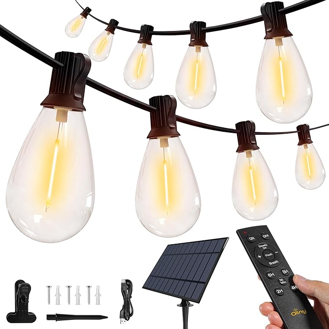 Ollny S11 100FT Solar String Lights Waterproof Dimmable for Backyard | Patio Lights with Remote & Timer & 3 Lighting Modes, Shatterproof Edison Bulbs, String Lights for Outside Party Décor