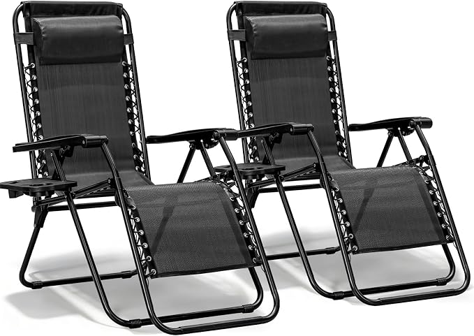 2 Pack Zero Gravity Chair, Adjustable Lounge Chair, Outdoor Recliner, Folding Anti Gravity Lounge Chairs, Lawn Chairs Reclining with Pillow & Cup Holder for Pool Camping Sunbathing Beach Patio (Black)