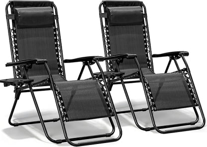 2 Pack Zero Gravity Chair, Adjustable Lounge Chair, Outdoor Recliner, Folding Anti Gravity Lounge Chairs, Lawn Chairs Reclining with Pillow & Cup Holder for Pool Camping Sunbathing Beach Patio (Black)