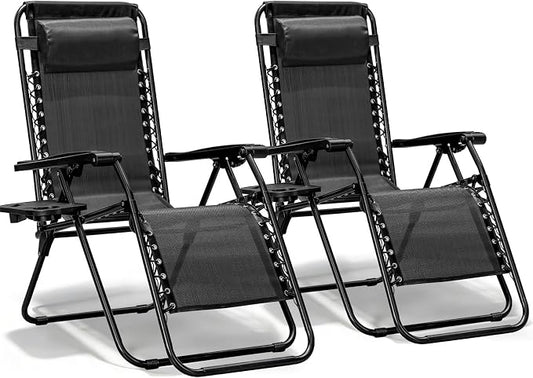 2 Pack Zero Gravity Chair, Adjustable Lounge Chair, Outdoor Recliner, Folding Anti Gravity Lounge Chairs, Lawn Chairs Reclining with Pillow & Cup Holder for Pool Camping Sunbathing Beach Patio (Black)