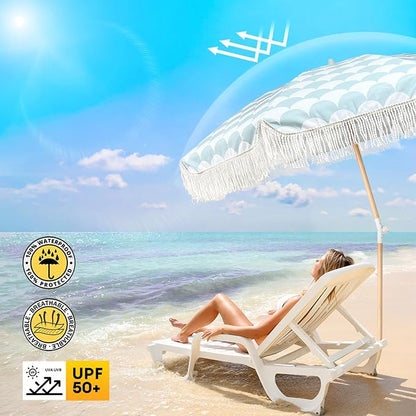 Lefedrasticity Boho Outdoor Umbrella with Tassels,6ft Table Umbrella Outdoor Patio with Knobs Tilt,Wind Resistant Portable Beach Umbrella UPF50+ Fringe Umbrellas For Pool Backyard Deck Garden