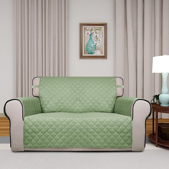PureFit Reversible Quilted Couch Covers for Dogs Loveseat Sofa Cover 46.5” | Sage Green/Ivory, Water Resistant Couch Protector, Washable Pet Couch Cover with Non Slip and Elastic Straps For Kids