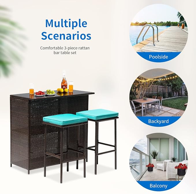 3PCS Patio Bar Set Outdoor Furniture Set Wicker Bistro Set with Two Stools for Patio Backyard Balcony,Blue Cushion