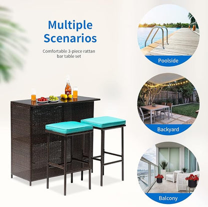 3PCS Patio Bar Set Outdoor Furniture Set Wicker Bistro Set with Two Stools for Patio Backyard Balcony,Blue Cushion