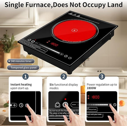 Single Burner Electric Cooktop,110V 1800W portable cooktop,Electric Stove Top with LED Knob Control,10 Power Levels, 2HTimer, Safety Lock, portable cooktop Overheat protection