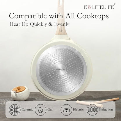 ESLITE LIFE 11 Inch Crepe Pan with Spreader, Nonstick Ceramic Coating Dosa Pan, Roti Tawa Comal Para Tortillas Pancake Griddle Pan, Induction Compatible, PTFE & PFOA Free, White