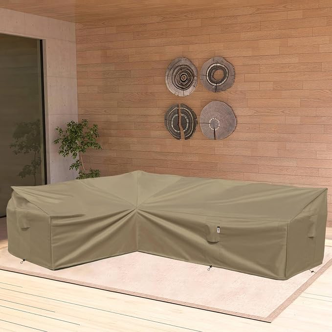 Heavy Duty Outdoor Sectional Sofa Cover, 90"X120" Waterproof 600D Patio Sectional Couch Cover, Lawn Patio Furniture Cover (Desert Khaki, L-Shaped-Left Facing-90 x120)