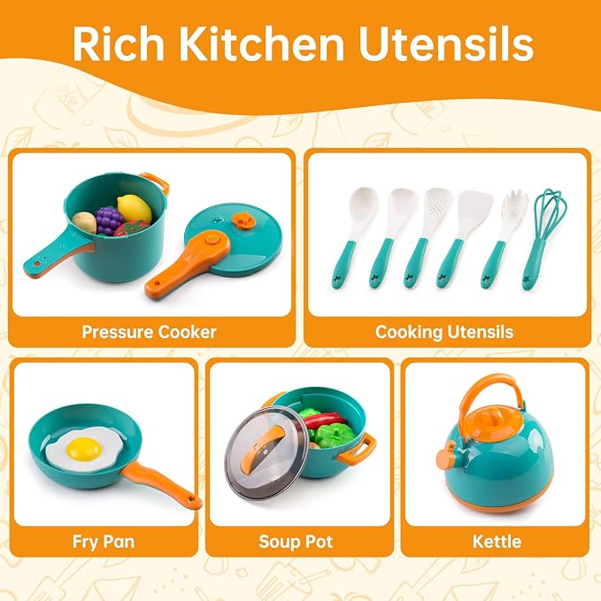 60Pcs Kids Mini Play Kitchen Accessories, Pretend Cooking Play Set with Cookware, Tableware & Fruit & BBQ Sets, Learning Gift for Boys, Girls, Toddlers,Green