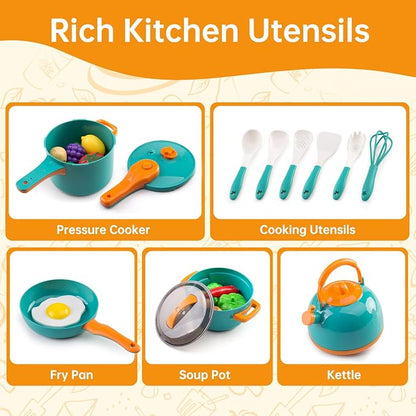 60Pcs Kids Mini Play Kitchen Accessories, Pretend Cooking Play Set with Cookware, Tableware & Fruit & BBQ Sets, Learning Gift for Boys, Girls, Toddlers,Green