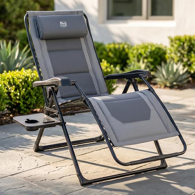 Timber Ridge Zero Gravity Chair, Oversized Lawn Chairs Outdoor Recliner Reclining Patio Lounge Chair with Adjustable Headrest and Side Table for Camping, Outdoor, Patio, Support 350lbs, Grey