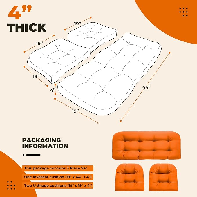 DANGHOOGY Wicker Chair Cushions, Waterproof Outdoor Loveseat Cushions for Patio Furniture, 3 Pieces Wicker Furniture Cushions, 1 Loveseat and 2 U-Shaped Cushions, Orange