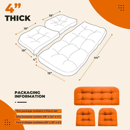 DANGHOOGY Wicker Chair Cushions, Waterproof Outdoor Loveseat Cushions for Patio Furniture, 3 Pieces Wicker Furniture Cushions, 1 Loveseat and 2 U-Shaped Cushions, Orange