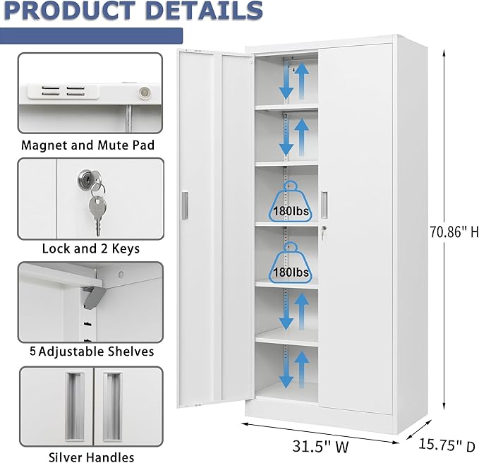Wanfu Metal Storage Cabinet, 71”H Locking Storage Cabinet with 5 Adjustable Shelves, Steel Cabinets for Garage, Home, Office, Pantry (White)