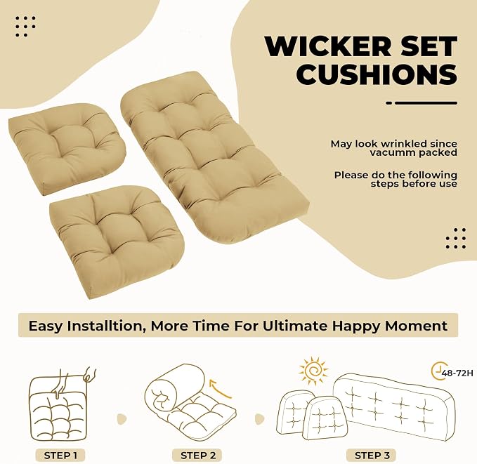 DANGHOOGY Wicker Chair Cushions, Waterproof Outdoor Loveseat Cushions for Patio Furniture, Tufted Wicker Furniture Cushions, 1 Loveseat and 2 U-Shaped Cushions, Khaki