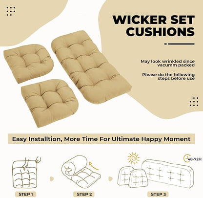 DANGHOOGY Wicker Chair Cushions, Waterproof Outdoor Loveseat Cushions for Patio Furniture, Tufted Wicker Furniture Cushions, 1 Loveseat and 2 U-Shaped Cushions, Khaki