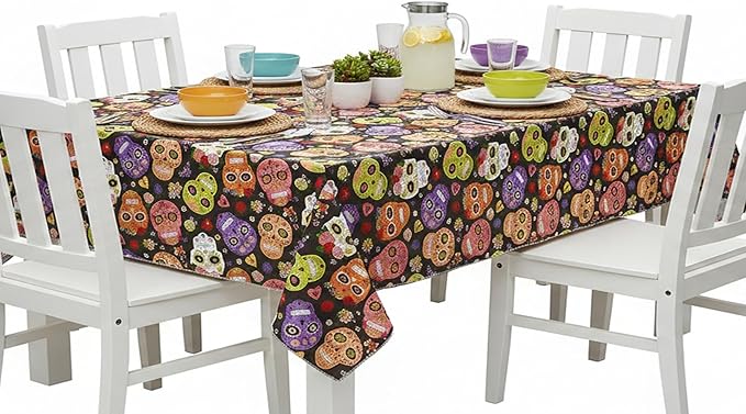 Newbridge Sugar Skull Rectangle Vinyl Tablecloth with Flannel Backing, Waterproof Wipe Clean Table Cover for Indoor Outdoor Kitchen Dining Use, Picnic and Barbecue, 60 x 84 Inch Rectangle