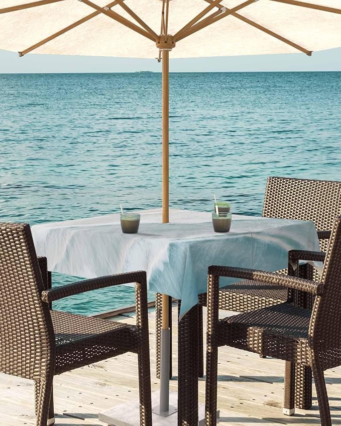 Summer Beach Outdoor Tablecloth - 54x54 Inch Square Dining Table Cover, Coastal Ocean Nautical Seaside Aqua Beige Waterproof Outdoor Table Cloth with Umbrella Hole & Zipper for Picnic/Patio/Party