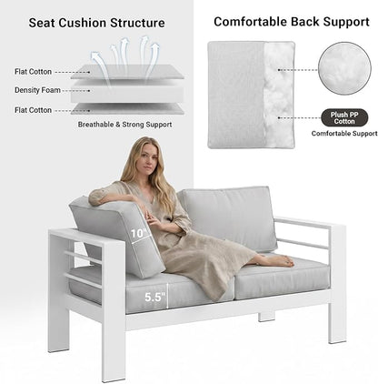 Solaste Aluminum Outdoor Loveseat with Coffee Table,2 PCS Patio Furniture Set with Cushions, All-Weather Outdoor Patio Sofa Sets for Balcony, Deck, Backyard, Porch, Garden, White