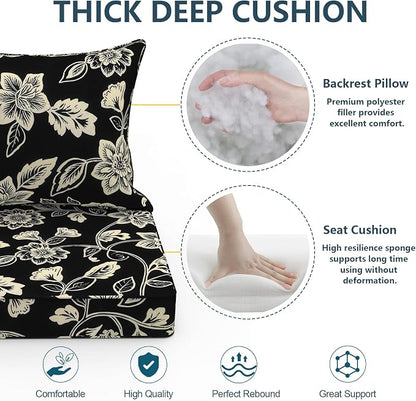 DYTXIII Outdoor Deep Seat Cushion Set, Water Repellent 24"x24" Patio Thick Cushions Replacement with Seat & Back Pillow for Patio Sofa, Wicker Chair, Couch - Vines Black