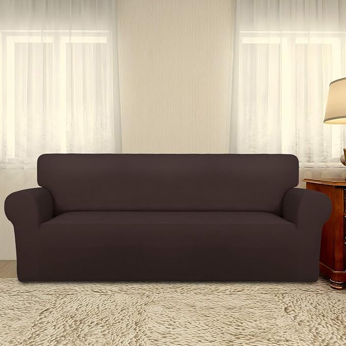 PureFit Stretch Oversized Couch Covers Fleece Sofa Slipcovers Chocolate | 1-Piece Sofa Cover Washable Soft Couch Protector, Couch Slipcover with Non Skid Foam and Elastic Bottom for Kids, Dogs