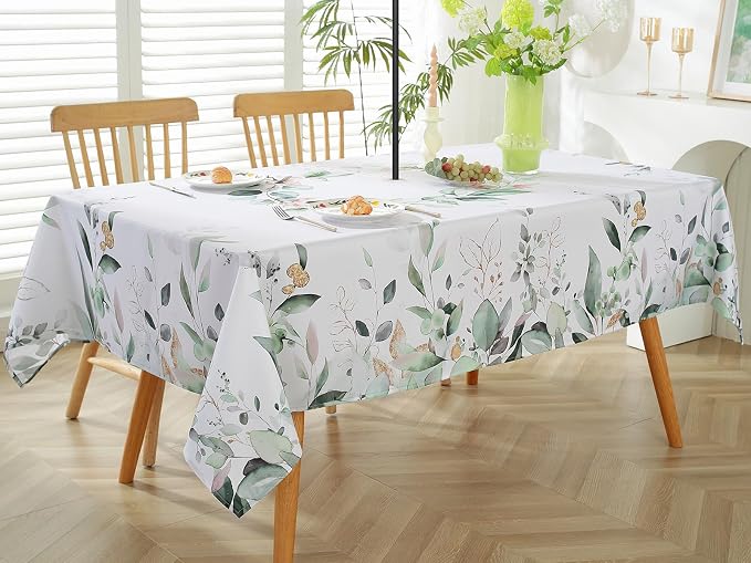 Outdoor Tablecloth with Umbrella Hole and Zipper Rectangle 52 x 70 Inch Waterproof Eucalyptus Leaves Floral Zippered Table Cloth, Fabric Table Cover for Spring/Summer/Picnic/Camping/Patio, Green